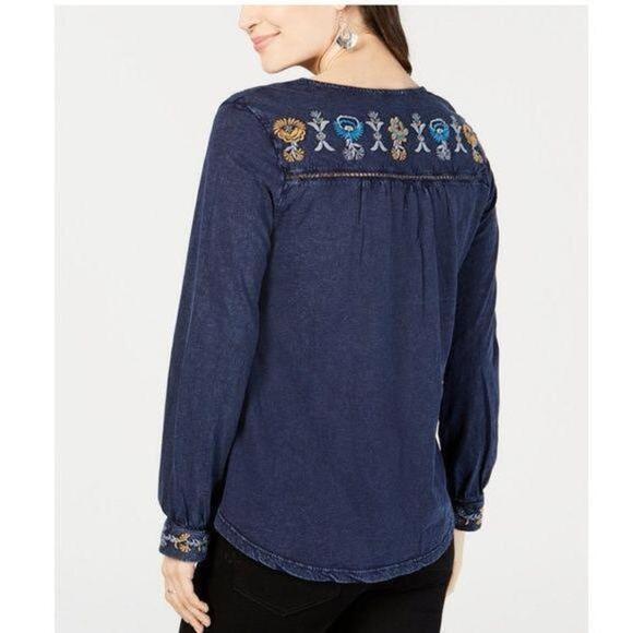 Style & Co Embroidery Trimmed Cotton Denim Top Sunshine Navy XS - Picture 2 of 3